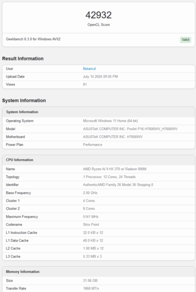 Radeon 890M Geekbench OpenCL