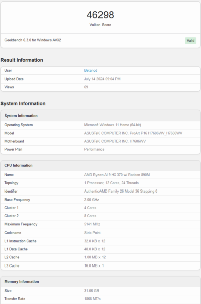 Radeon 890M Geekbench Vulkan