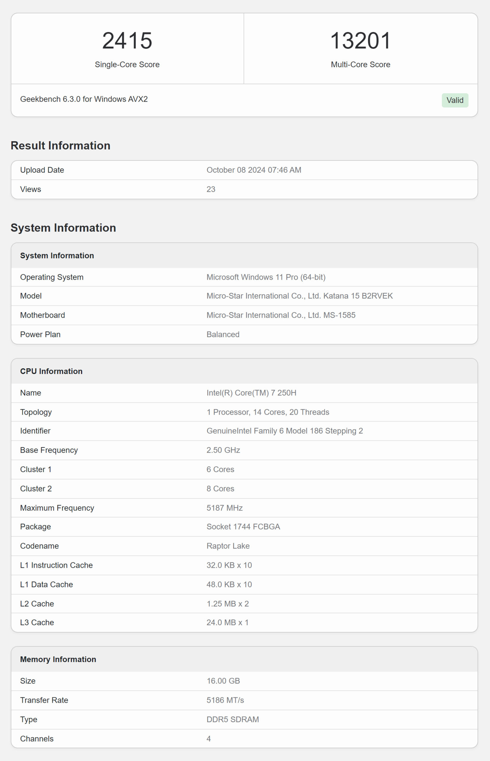 Geekbench v6 Intel Core 7 250H